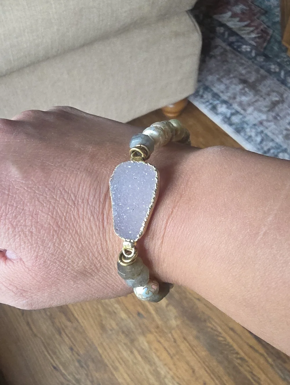 Artisan Labradorite & Lavender Druzy Quartz Beaded Stretch Bracelet